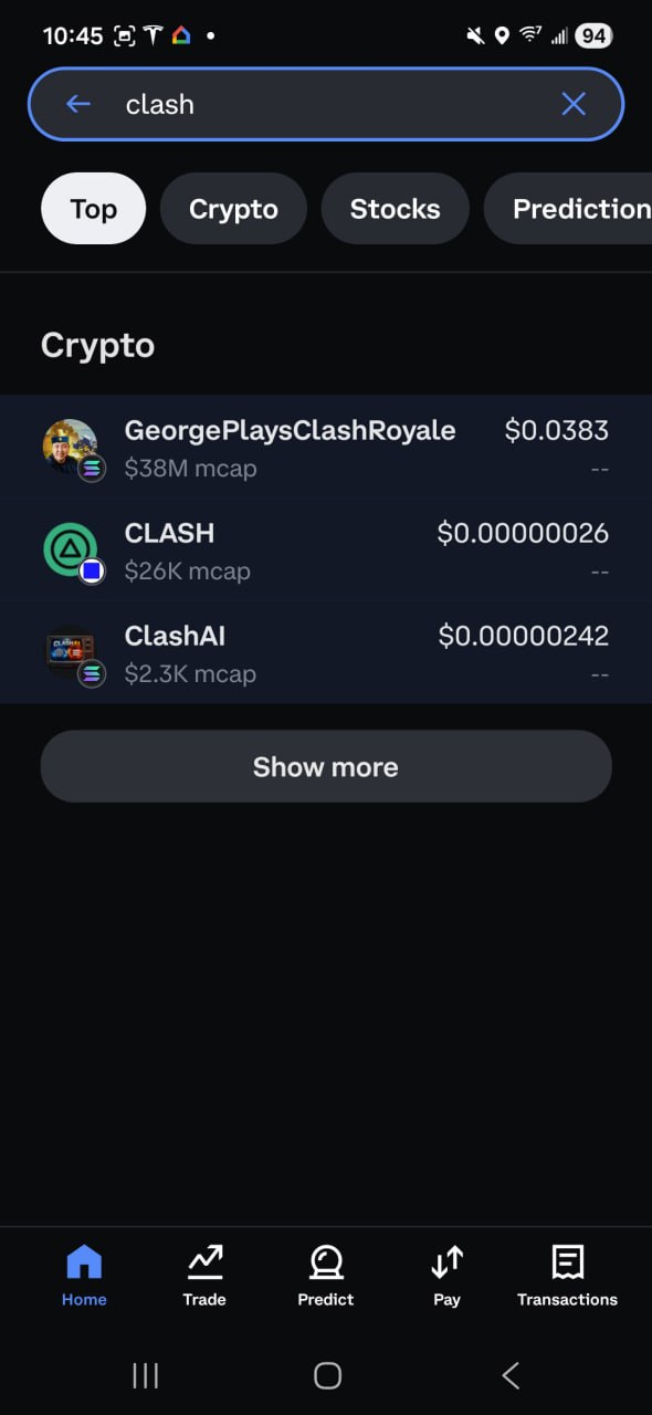 Coinbase CLASH search screen